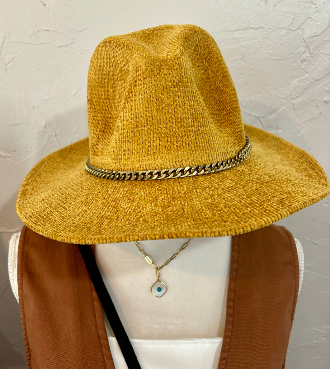 Velvet Fedora with gold chain